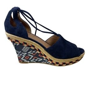 CABI Isla Wedge Navy with Southwestern Geometric Peep-toe Espadrille - Size  8